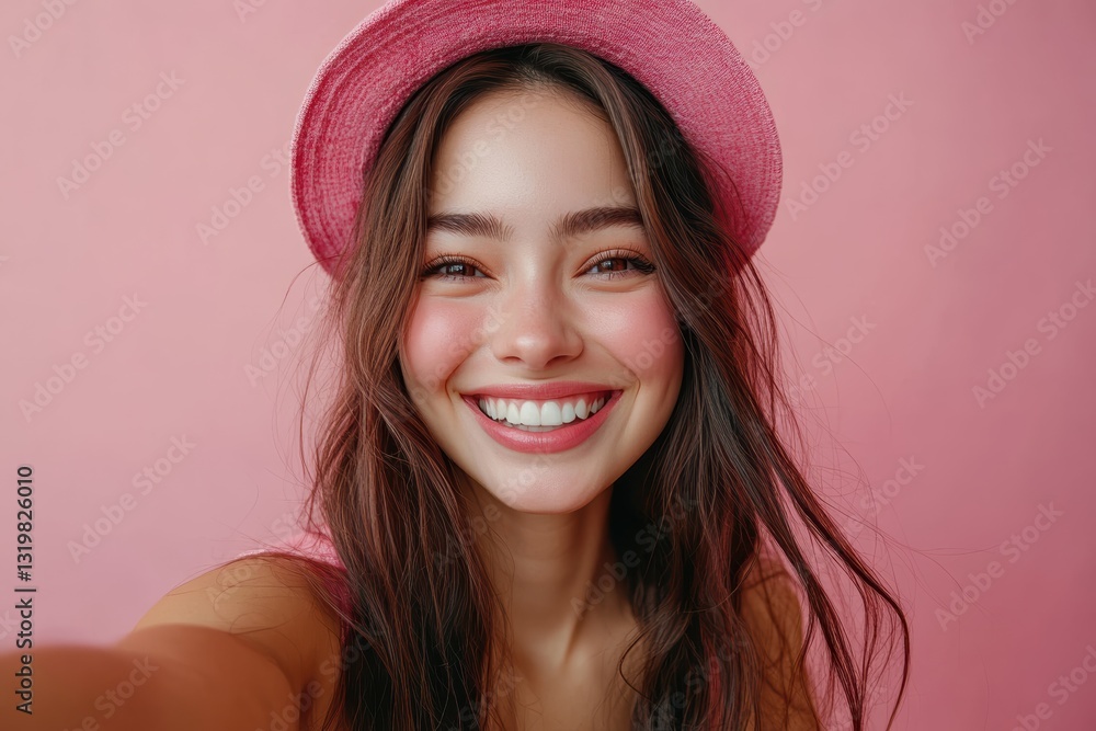 Happy woman with a pink hat smiling in a bright pink background Happy woman with a pink hat smiling in a bright pink background