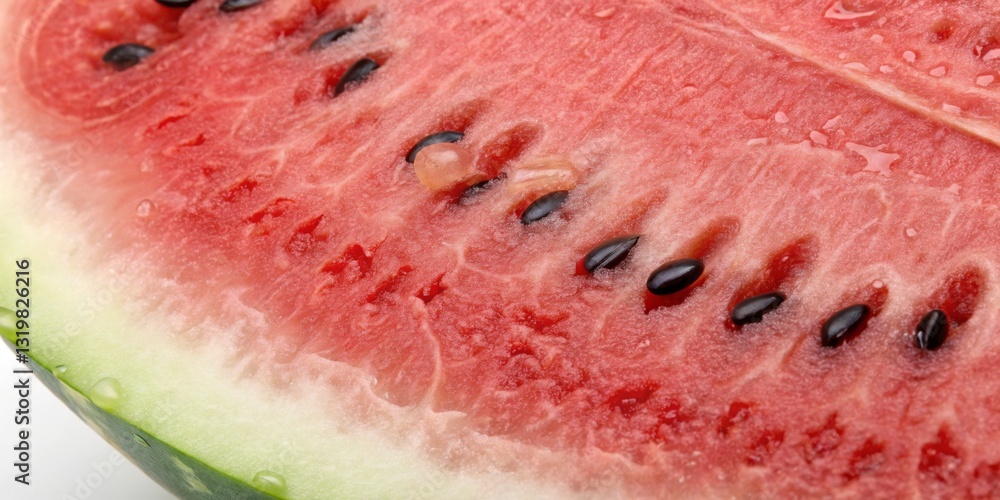 Freshly cut watermelon displays refreshing red flesh and shiny black seeds, perfect for summer enjoyment and hydration