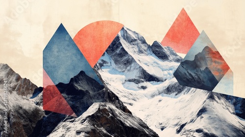 Abstract geometric artwork featuring majestic snow-covered mountains with overlapping red and blue shapes, blending nature and modern design.