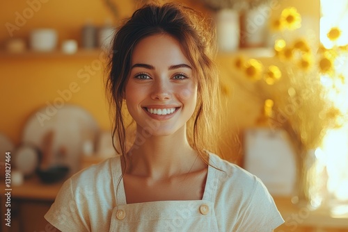 Graphic layouts for advertising featuring a smiling woman in a warm, inviting interior setting