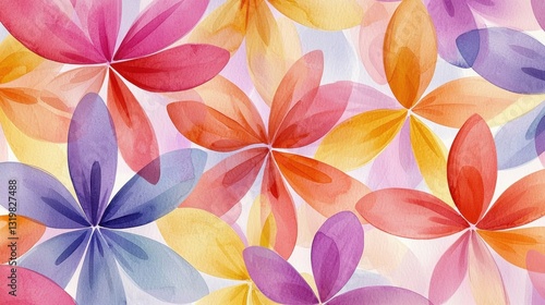 Brightly colored flowers in shades of pink, purple, orange, and yellow spread across the canvas, creating an energetic and cheerful pattern. The watercolor effect adds a soft and inviting feel photo