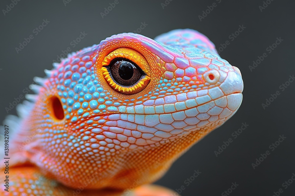 Fototapeta premium Striking close-up of a vibrant lizard showcasing colorful scales and expressive eyes