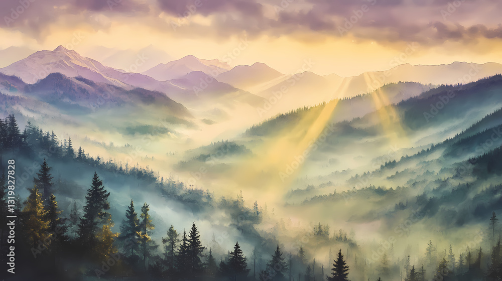 Fototapeta premium Radiant rays piercing the veil of fog in the mountains, peak, serene. Radiant Veil. Illustration