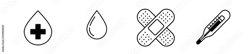 Isolated black and white medical first-aid icon set, outline illustration, blood drop, bandages, thermometer, band-aid Isolated black and white medical first-aid icon set, outline illustration, blood drop, bandages, thermometer, band-aid