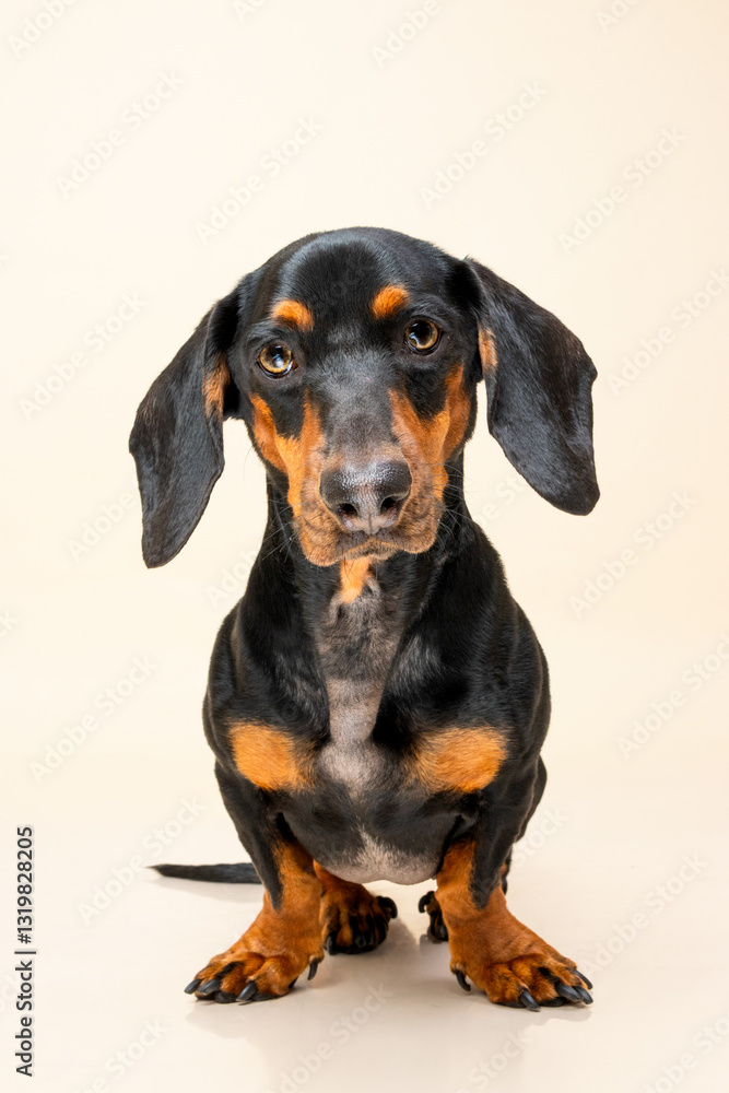 Standard black and tan Dachshund portrait on bright beige background Standard black and tan Dachshund portrait on bright beige background