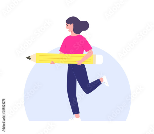 Young female holding giant pencil and walking forward. Concept of education, working, business, creating something new, creativity, writing. Flat vector illustration character.