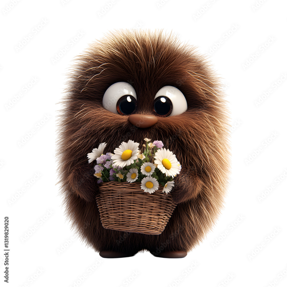 A Fluffy 3D Cartoon Brownie Holding a Basket with Flowers Isolated on Transparent Background A Fluffy 3D Cartoon Brownie Holding a Basket with Flowers Isolated on Transparent Background