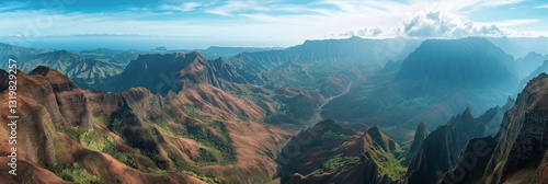 Winding mountain pass revealing jagged peaks and a distant horizon bathed in soft sunlight creates a captivating panorama