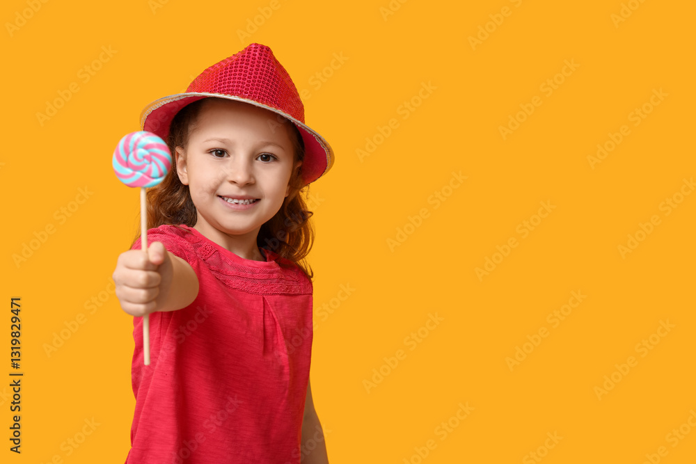 Cute little girl showing lollipop on color background Cute little girl showing lollipop on color background