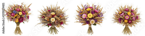 Four vibrant bouquets of dried flowers and wheat stalks, featuring a mix of colorful blooms and grasses tied with natural twine,  isolated on transparent background.