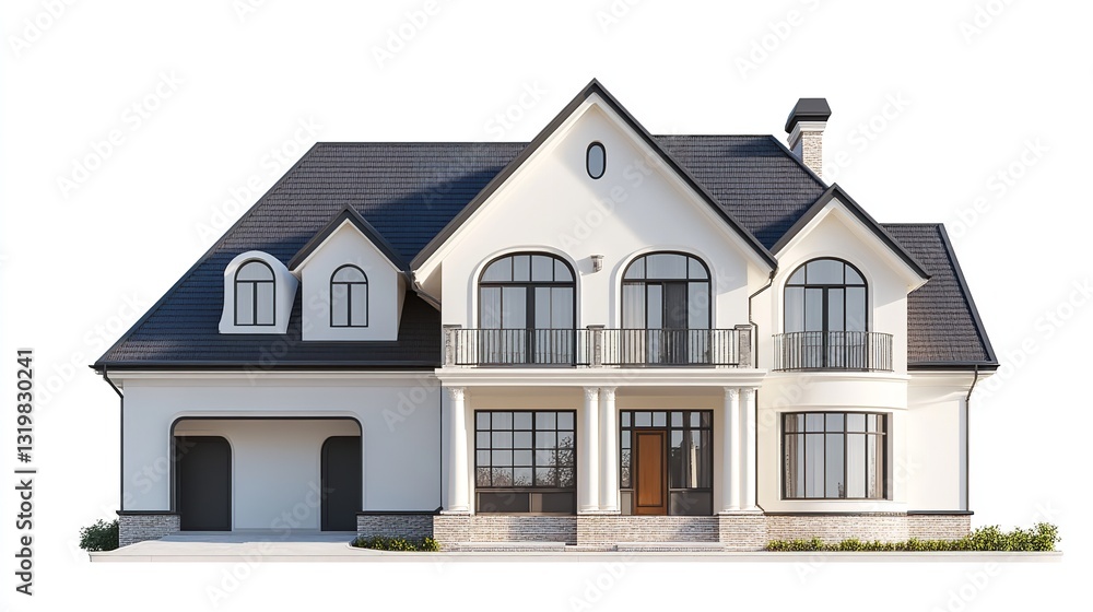 A Stately Two-story Home, Painted White With A Dark Gray Roof, Exudes Elegance And Sophistication With Its Classic Design And Spacious Balcony Against A Bright, Clean Background A Stately Two-story Home, Painted White With A Dark Gray Roof, Exudes Elegance And Sophistication With Its Classic Design And Spacious Balcony Against A Bright, Clean Background