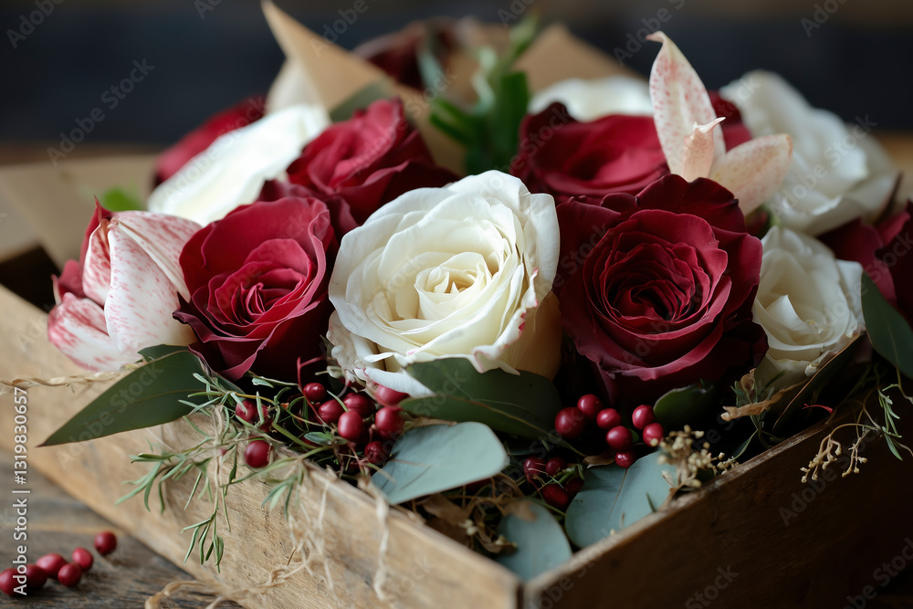 Obraz premium Red and white roses arranged with greenery in a wooden box
