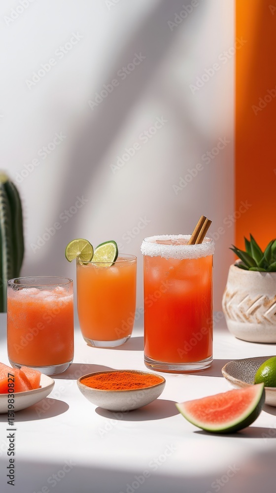 Fototapeta premium Refreshing summer citrus and watermelon cocktails with lime and chili garnish