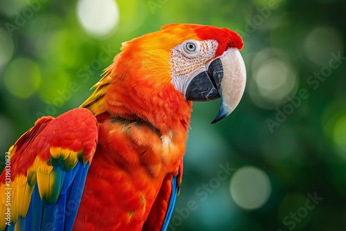 Brightly colored macaw perched in a lush tropical environment, vivid feathers and striking features