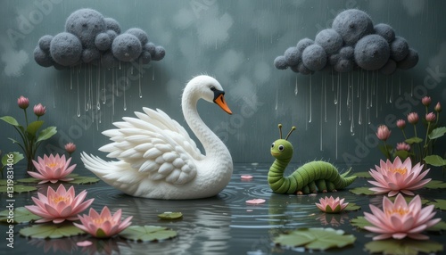 Wallpaper Mural Serene Swan and Caterpillar in Rain Whimsical Pond Scene with Pink Water Lilies Torontodigital.ca