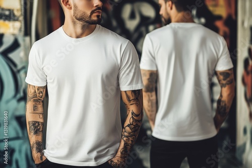 Blank white men's t-shirt front view and side by side back view for mockup