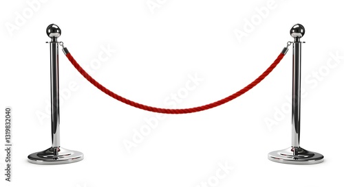 Set of red rope fences with chrome sticks isolated on a white background