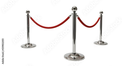Set of red rope fences with chrome sticks isolated on a white background