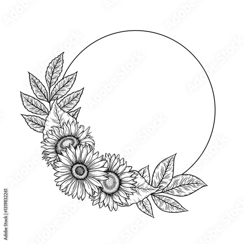 Vector sunflowers round frame illustration, line art floral wreath. Graphic monochrome drawing. Hand drawn flowers outline sketch, engraved illustration. Template for wedding invitation, logo.