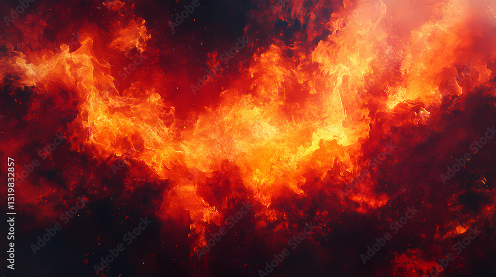 A wall of fire burns, creating a veil of smoke and steam that hangs in the air, intense, radiant, smoky. Radiant Veil. Illustration A wall of fire burns, creating a veil of smoke and steam that hangs in the air, intense, radiant, smoky. Radiant Veil. Illustration