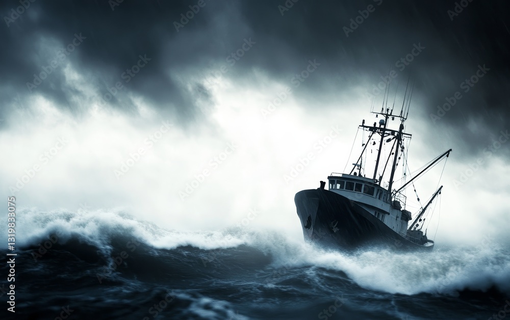 Fishing boat navigating through tumultuous waves under a stormy sky in a dramatic seascape Fishing boat navigating through tumultuous waves under a stormy sky in a dramatic seascape