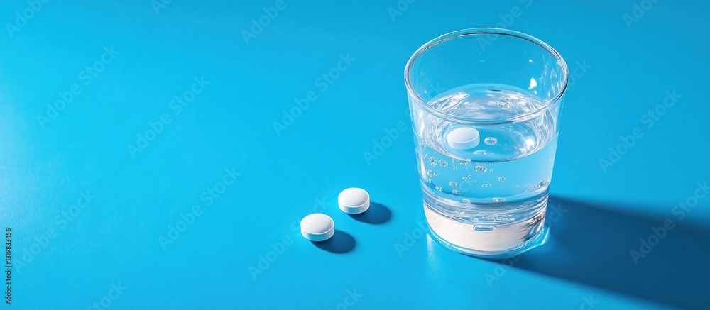 Effervescent tablet dissolving in a glass of water on a blue background