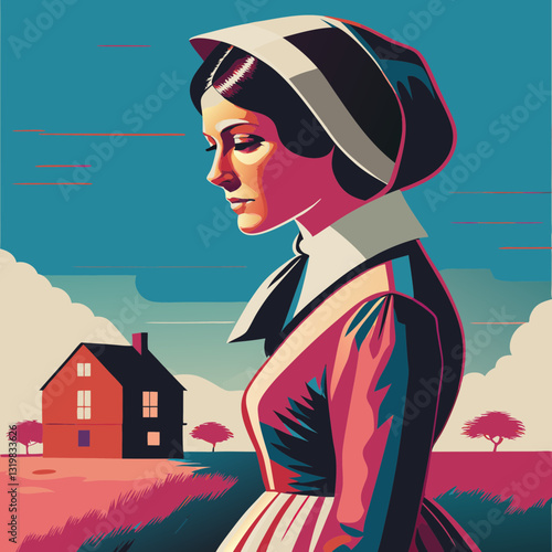 Classic elegance french woman  in folk dress, vibrant rural background evokes European heritage. Concept: culture blog illustration, travel guide, historical tourism branding.