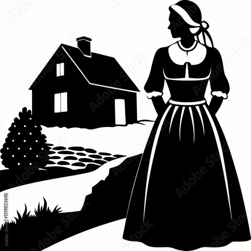 Woman in long dress and bonnet stands before simple house silhouette. Historical folk-art style black and white illustration shows figure with clasped hands on paved path Concept historical narratives