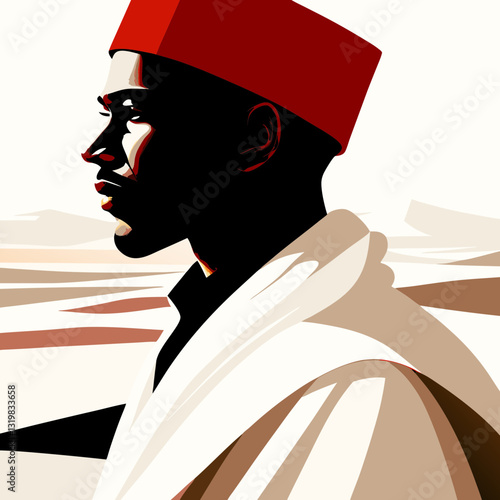 North African man in red fez and white tunic looks ahead in profile, evokes cultural identity. Concept: cultural heritage visual, history series, regional storytelling content.