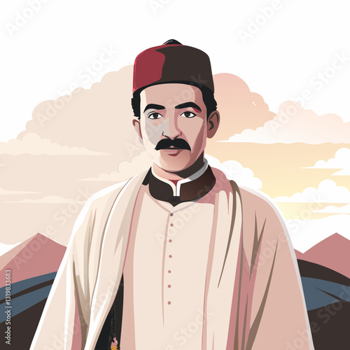 Middle Eastern man in traditional fez gazes at mountain landscape. Dignified portrait highlights cultural heritage with warm tones and distinctive attire. Concept: cultural tourism, ethnic fashion