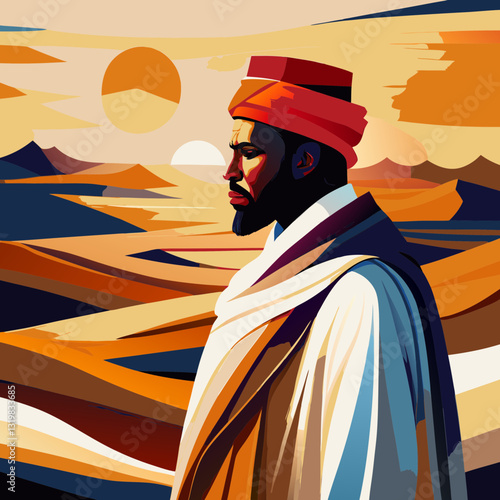 North African man gazes across sun-drenched desert dunes. Striking profile portrait captures cultural identity with traditional robes against dramatic landscape. Concept: cultural heritage, travel doc