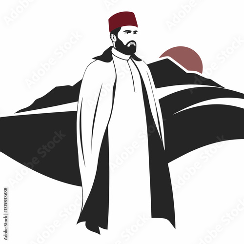 Middle Eastern man gazes contemplatively in traditional thawb and fez against sunset mountains. Minimalist color palette enhances cultural silhouette in serene landscape. Concept: cultural heritage