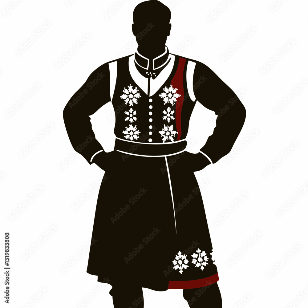 Man in norwegian folk costume in black silhouette, evokes national heritage and dance tradition. Concept: cultural festival ad, folklore branding, educational content illustration. Man in norwegian folk costume in black silhouette, evokes national heritage and dance tradition. Concept: cultural festival ad, folklore branding, educational content illustration.