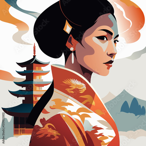 Serene East Asian woman in richly detailed traditional attire gazes at pagoda. Dragon motif adorns her elegant clothing in contemporary graphic style with warm color palette. Concept cultural heritage
