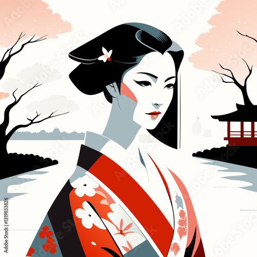 Striking geisha in red white and black kimono stands against serene Japanese winter landscape. Stylized modern art design with floral pattern and traditional pavilion Concept Japanese culture, tourism
