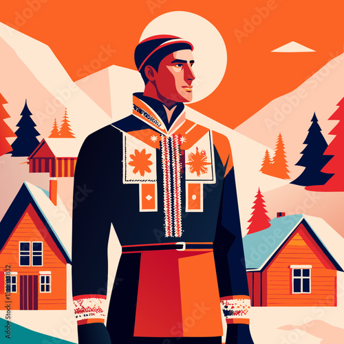 Sami man in traditional clothing stands proudly against snowy Nordic landscape. Wooden houses and evergreen trees complete this bold, geometric composition. Concept indigenous culture, tourism, winter