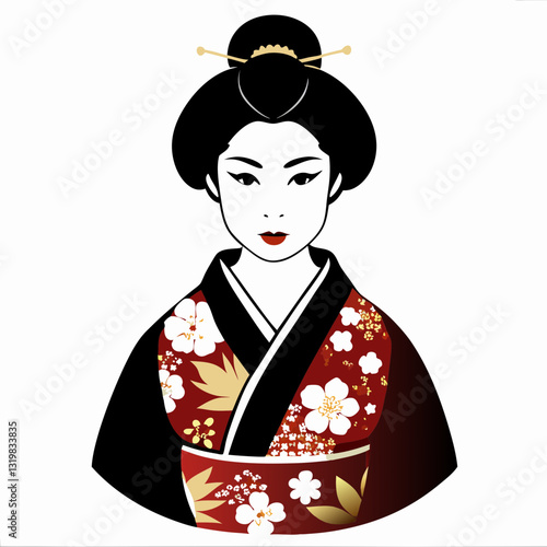 Japanese woman wears traditional red kimono with white floral pattern. Elegant updo with hair sticks completes this minimalist cultural portrait Cultural education, travel agency, Japanese restaurant