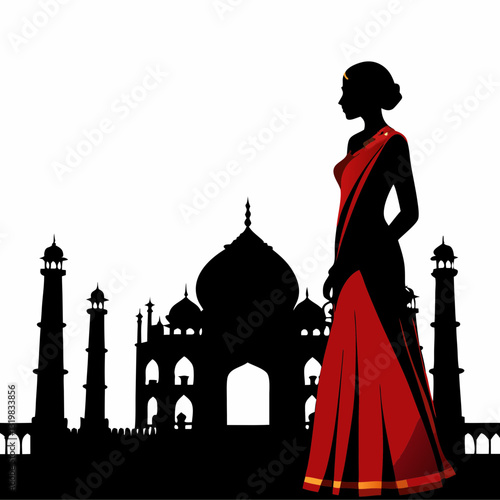 Silhouette of elegant Indian woman in rich red and gold sari stands before Taj Mahal. Minimalist graphic style with striking black against white background. Concept tourism, cultural heritage, fashion