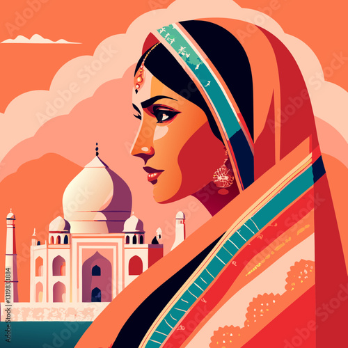 Indian woman in red sari with Taj Mahal in background, stylized vector representing Indian heritage. Concept: tourism ad, cultural content, South Asian fashion blog visuals.