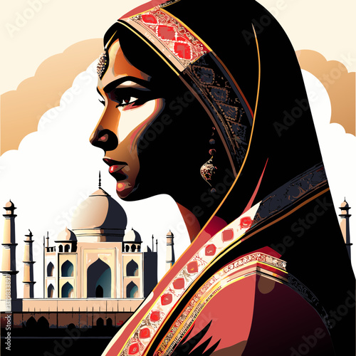Pensive South Asian woman in traditional dupatta gazes with serious expression near Taj Mahal. Rich colors enhance this elegant profile portrait with cultural significance. Concept: tourism, cultura