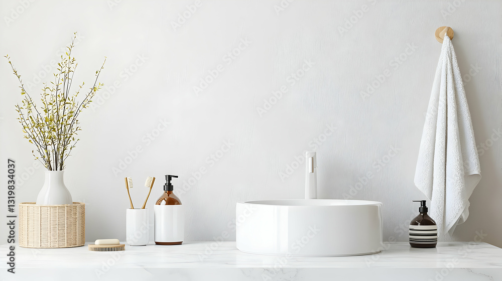 Modern Minimalist White Bathroom Interior Design With Natural Decor Accessories And Marble Counter In Bright Airy Light Modern Minimalist White Bathroom Interior Design With Natural Decor Accessories And Marble Counter In Bright Airy Light