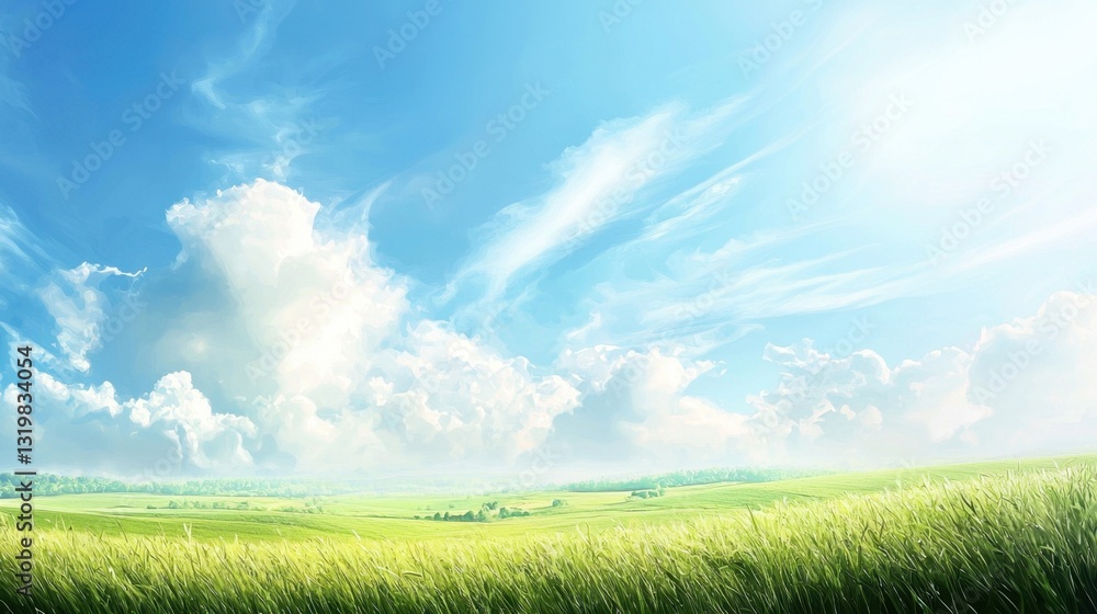 Fototapeta premium Lush green fields stretch beneath a bright blue sky filled with fluffy white clouds. The sun shines brightly, illuminating the serene landscape, creating a peaceful atmosphere