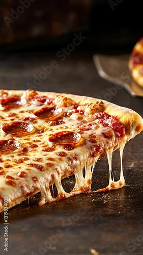 Delicious cheese pizza with gooey cheese stretching, served on a rustic wooden table, inviting