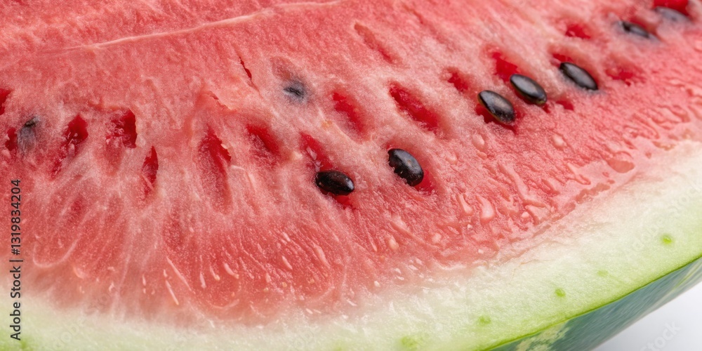 Freshly sliced watermelon reveals juicy red interior with black seeds on display