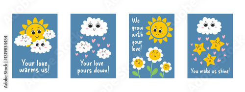 Mother's day kids cartoon cards set. Creative illustrations about parental love and care. Cute greeting cards with sun, clouds, flowers and stars as mothers and children.