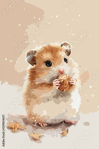 Hamster holding walnut digital painting with cute style against snowy background