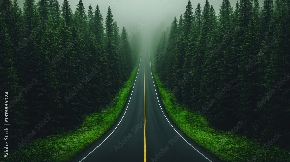 Fototapeta premium Misty Forest Road: A Journey Through Emerald Green