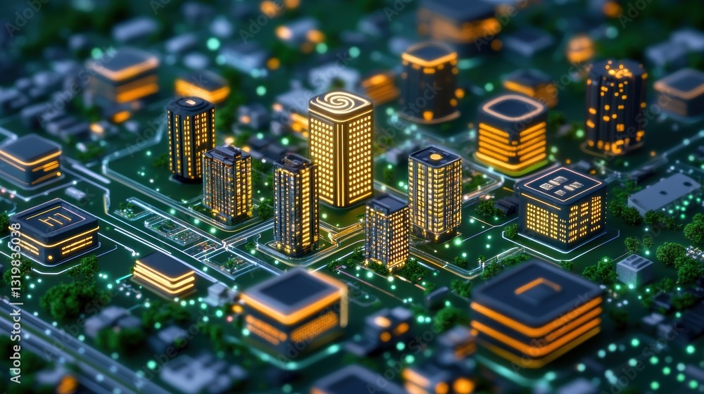 Obraz premium Smart City on a Circuit Board: Futuristic Urban Landscape Integrated with Technology