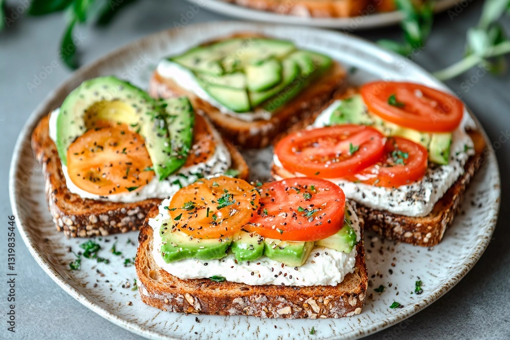 Freshly prepared open-faced sandwiches topped with creamy cheese and colorful vegetables like tomatoes and avocados, set on a rustic plate in a cozy kitchen atmosphere Freshly prepared open-faced sandwiches topped with creamy cheese and colorful vegetables like tomatoes and avocados, set on a rustic plate in a cozy kitchen atmosphere