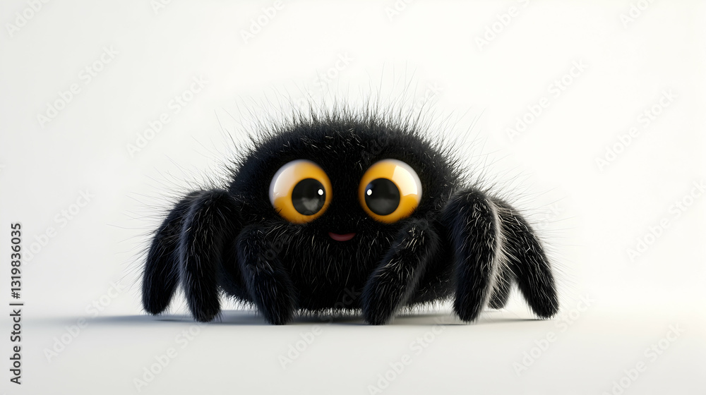 Fototapeta premium Cute Furry Black Spider with Large Yellow Eyes Isolated on White Background